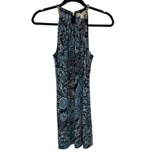 Michael Michael Kors Sleeveless Black Blue Paisley Gold Chain Tunic Top Small